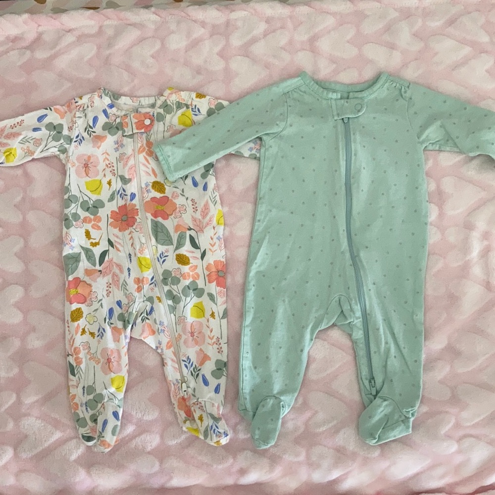 2 pair Carter’s just one you baby girl footed pajamas